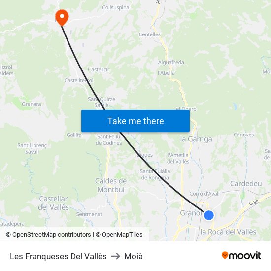 Les Franqueses Del Vallès to Moià map