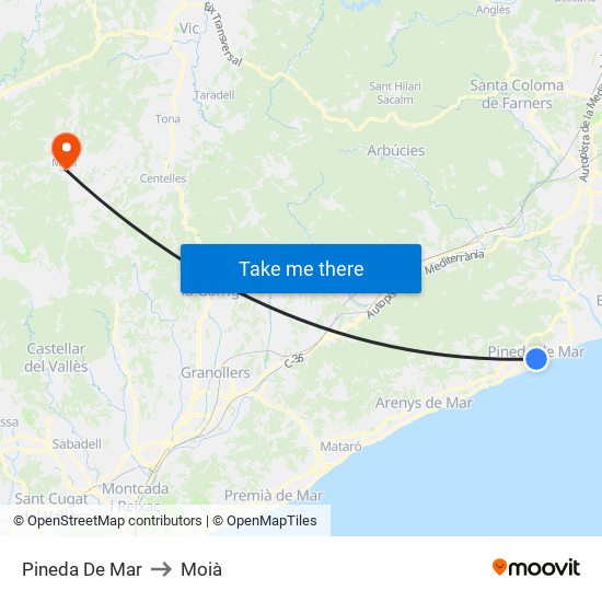 Pineda De Mar to Moià map