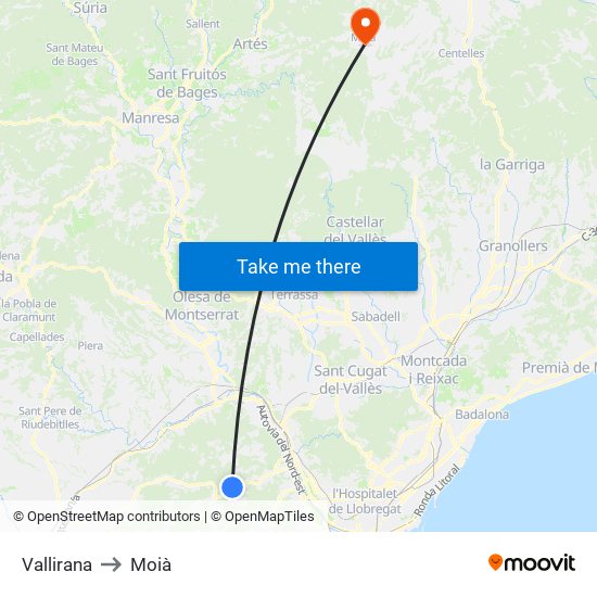 Vallirana to Moià map