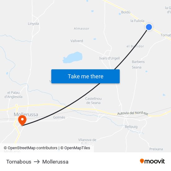 Tornabous to Mollerussa map