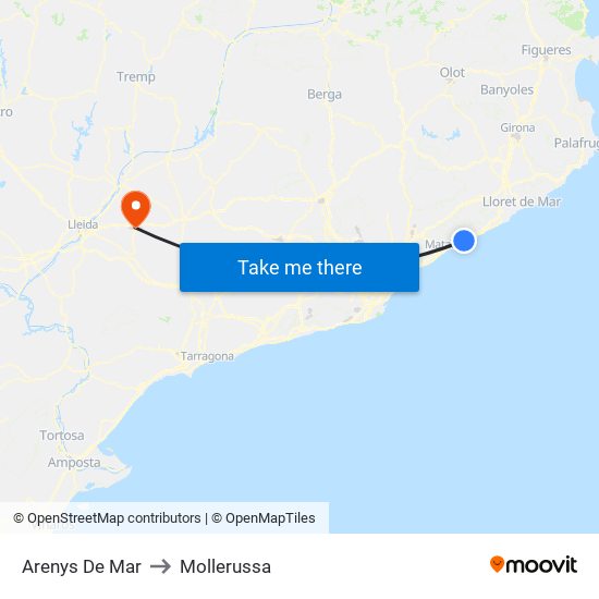 Arenys De Mar to Mollerussa map