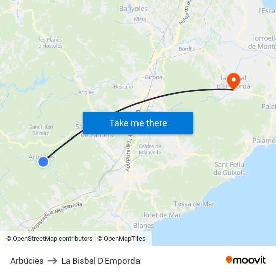 Arbúcies to La Bisbal D'Emporda map