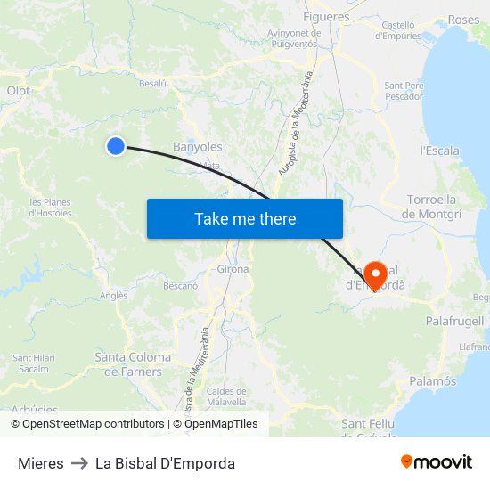 Mieres to La Bisbal D'Emporda map