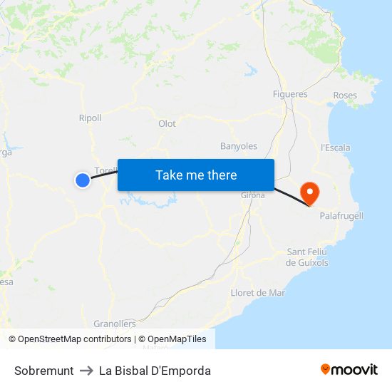 Sobremunt to La Bisbal D'Emporda map