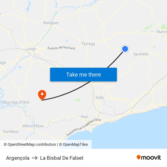 Argençola to La Bisbal De Falset map