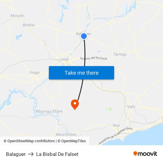Balaguer to La Bisbal De Falset map