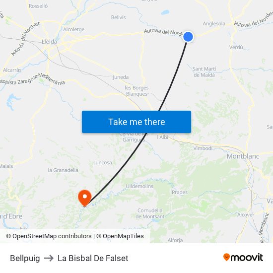 Bellpuig to La Bisbal De Falset map