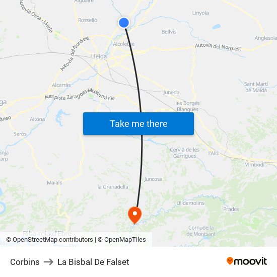 Corbins to La Bisbal De Falset map