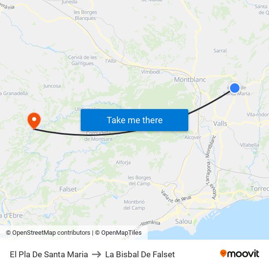 El Pla De Santa Maria to La Bisbal De Falset map