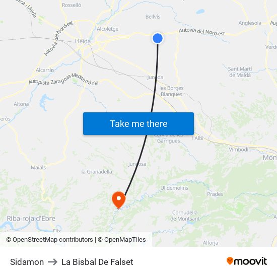 Sidamon to La Bisbal De Falset map