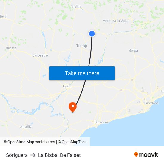 Soriguera to La Bisbal De Falset map