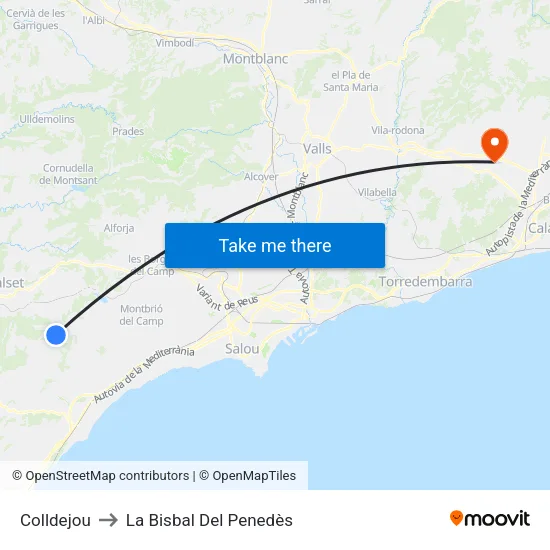 Colldejou to La Bisbal Del Penedès map