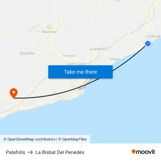 Palafolls to La Bisbal Del Penedès map