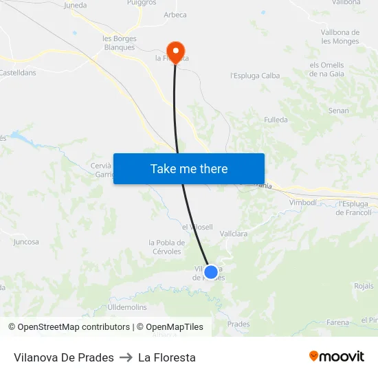 Vilanova De Prades to La Floresta map