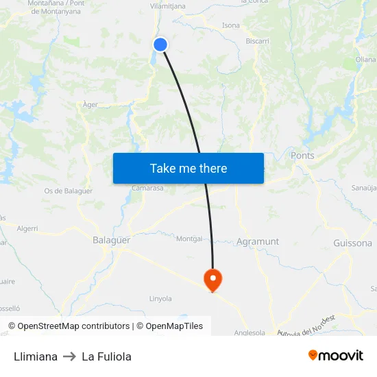 Llimiana to La Fuliola map