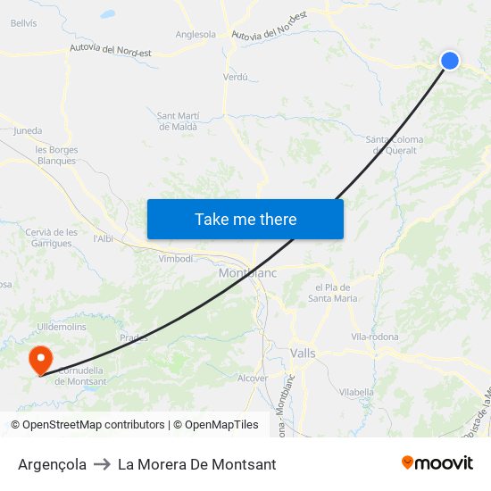 Argençola to La Morera De Montsant map