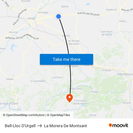 Bell-Lloc D'Urgell to La Morera De Montsant map