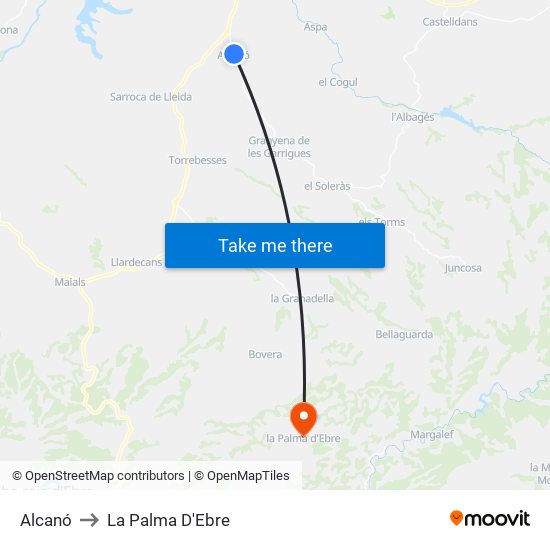 Alcanó to La Palma D'Ebre map