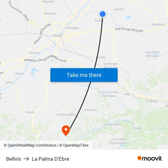 Bellvís to La Palma D'Ebre map