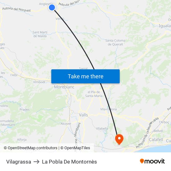 Vilagrassa to La Pobla De Montornès map