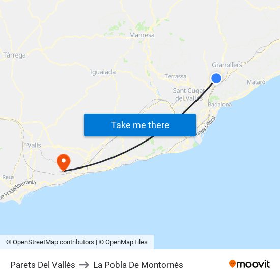 Parets Del Vallès to La Pobla De Montornès map