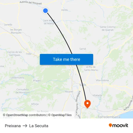 Preixana to La Secuita map