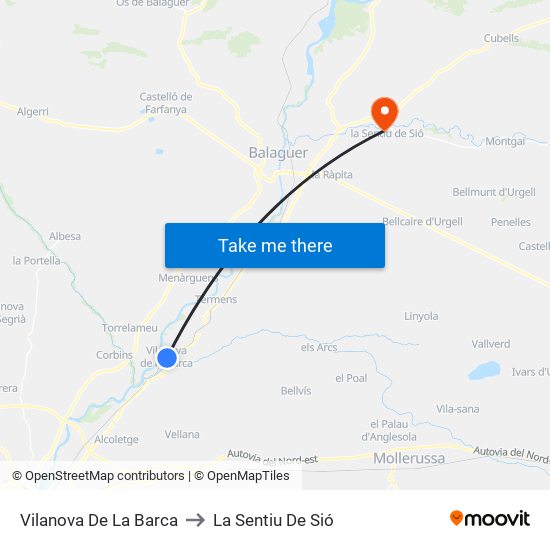 Vilanova De La Barca to La Sentiu De Sió map