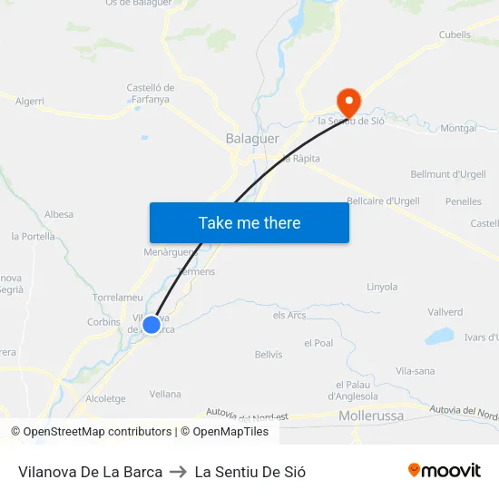 Vilanova De La Barca to La Sentiu De Sió map