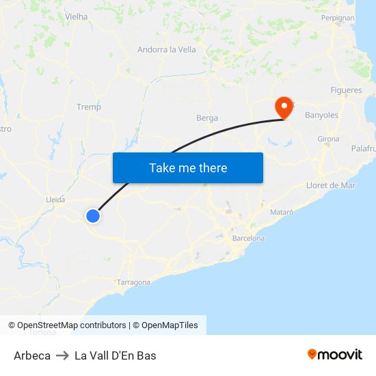 Arbeca to La Vall D'En Bas map