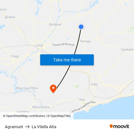 Agramunt to La Vilella Alta map