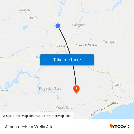 Almenar to La Vilella Alta map