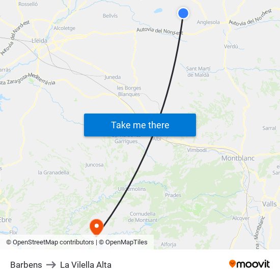 Barbens to La Vilella Alta map