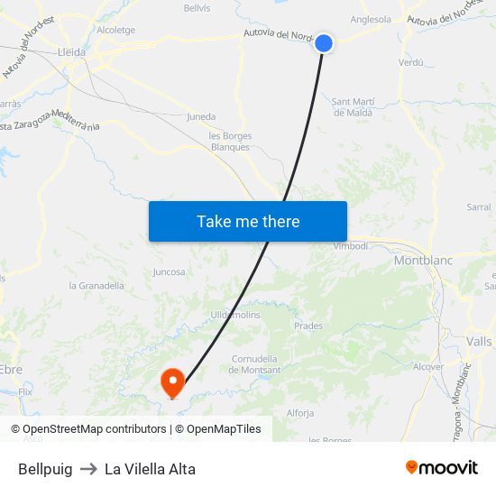 Bellpuig to La Vilella Alta map