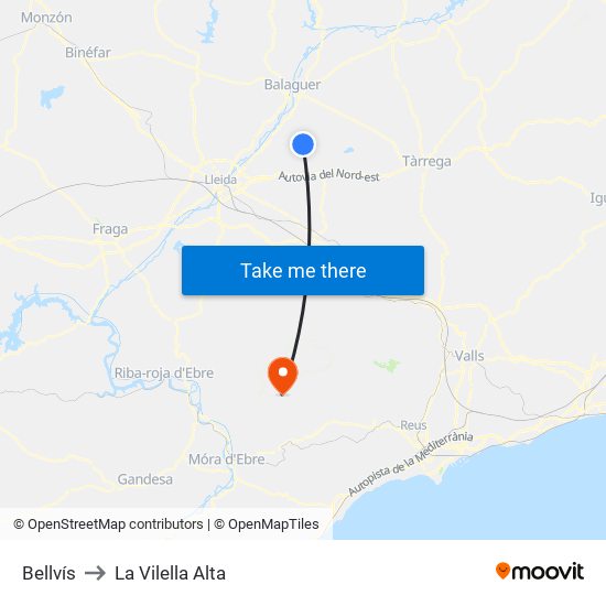 Bellvís to La Vilella Alta map