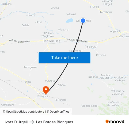 Ivars D'Urgell to Les Borges Blanques map