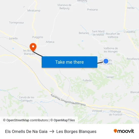 Els Omells De Na Gaia to Les Borges Blanques map