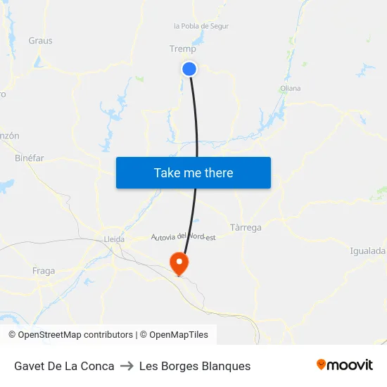 Gavet De La Conca to Les Borges Blanques map