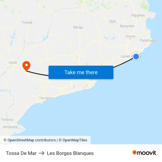 Tossa De Mar to Les Borges Blanques map