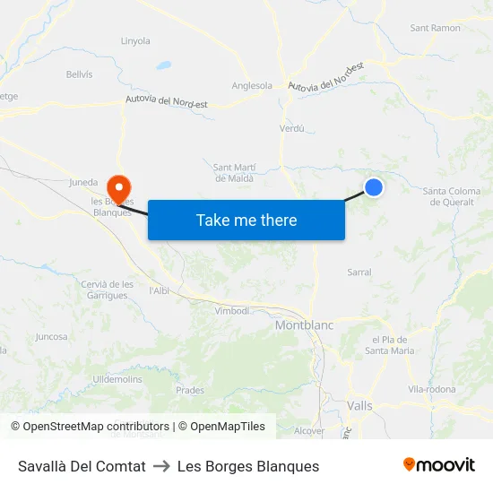 Savallà Del Comtat to Les Borges Blanques map