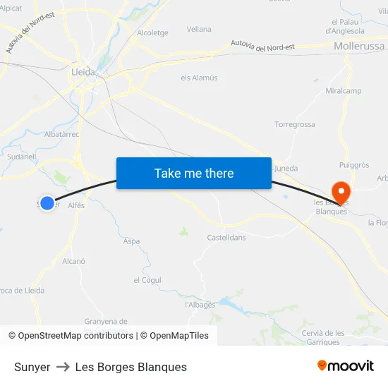 Sunyer to Les Borges Blanques map