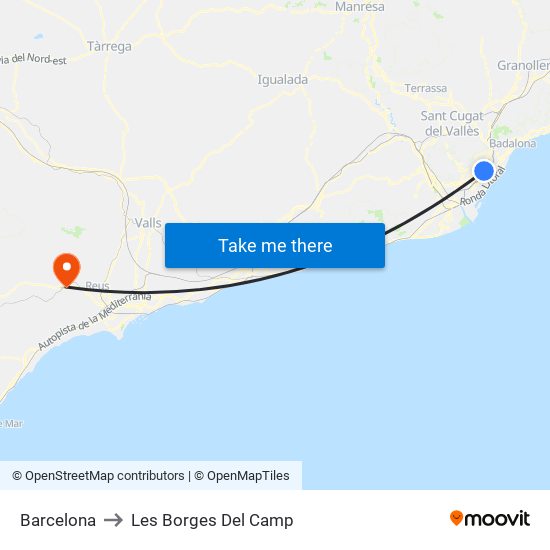 Barcelona to Les Borges Del Camp map