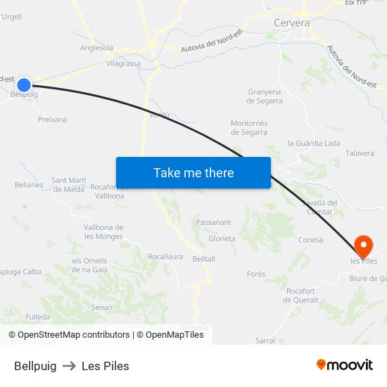 Bellpuig to Les Piles map