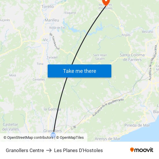 Granollers Centre to Les Planes D'Hostoles map