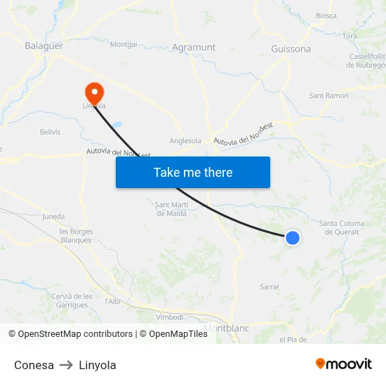 Conesa to Linyola map