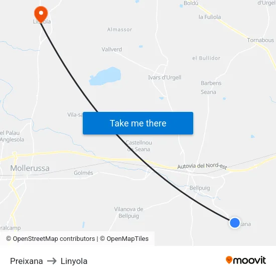 Preixana to Linyola map