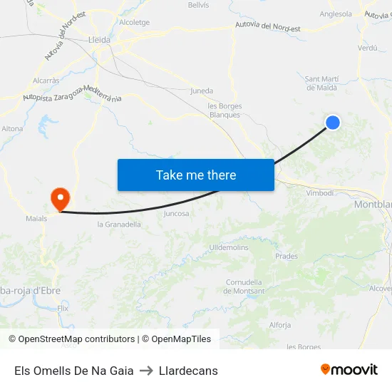 Els Omells De Na Gaia to Llardecans map