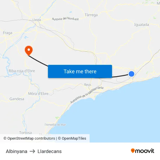 Albinyana to Llardecans map