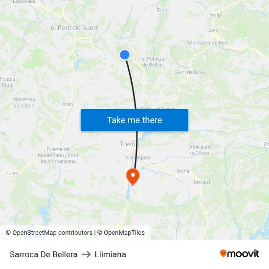 Sarroca De Bellera to Llimiana map