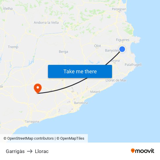 Garrigàs to Llorac map