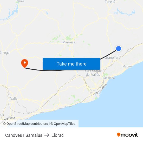 Cànoves I Samalús to Llorac map